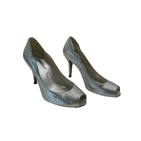 Stuart Weitzman Peep Toe Pump Heels Size 7 Silver Glitter Shoes - Picture 1 of 7